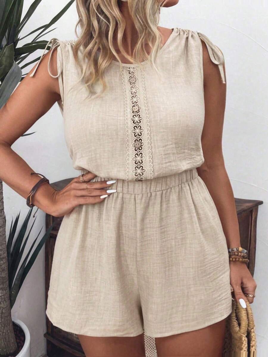 SHEIN LUNE Plus Guipure Lace Insert Tie Shoulder Romper For Summer - Apricot - View 1
