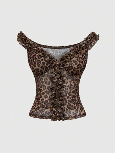 Hippie Vintage Leopard Print Women's Ruffled Edge T-Shirt, Summer Top