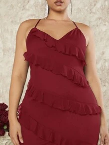 SHEIN BAE Damen Kleid in Große Größen mit langen romantischen Rüschen, Rückenschlitz und Spaghettiträgern