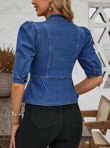 SHEIN LUNE 夏季度假泡袖荷葉邊牛仔外套 - 藍色 - 查看 2