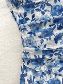 Soleia 女士夏日假日露背頸掛藍白花卉網紗連衣裙 - 藍白色 - 查看 3