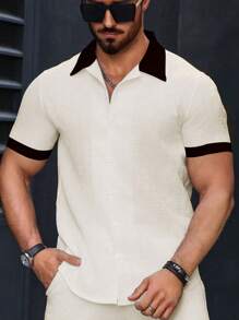 Manfinity Homme Men Contrast Trim Button Up  Short Sleeve Shirt - Beige - View 6