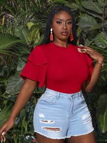 Slaydiva Plus Size Layered Ruffle Sleeve Bodycon Bodysuit - Red - View 5