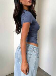 INAWLY Ladies Solid Color Simple Round Neck Short Sleeve T-Shirt - Blue - View 2