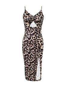 Calvaya Bodycon Knit Dress With Metal Chain Shoulder Straps, High Slit And Printed Pattern Maxi Women Outfit