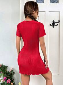SHEIN EZwear 夏季綠寶石純色萵苣邊連衣裙 - 紅色 - 查看 2