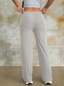 街头风灰色弹力抽绳高腰字母印花灯芯绒侧袋阔腿休闲舒适裤 - 淺灰色 - 查看 3