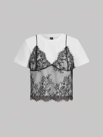 SHEIN MOD Summer White Lace Spliced Round Neck Short Sleeve T-Shirt (2 In 1)