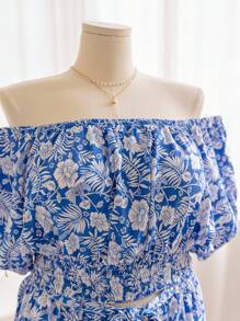 Soleia Resort Style Women's  Printed Off Shoulder Ruffle Hem Top And Wide Leg Long Pants Plus Size 2pcs/Set, Blue-White - Blue and White - View 5