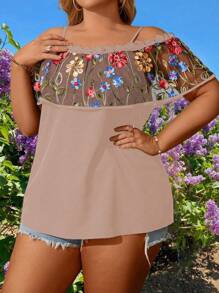 Breezaya Plus Floral Embroidery Cold Shoulder Ruffle Trim Blouse