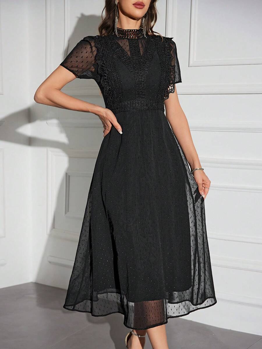 Modelyn Contrast Lace Ruffle Trim Mock Neck Dress - Black - View 1