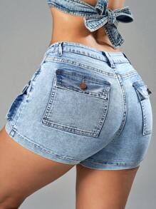 SHEIN SXY Shorts de Jeans Casual para Mulheres sem Estampas - Lavagem leve - Ver 1