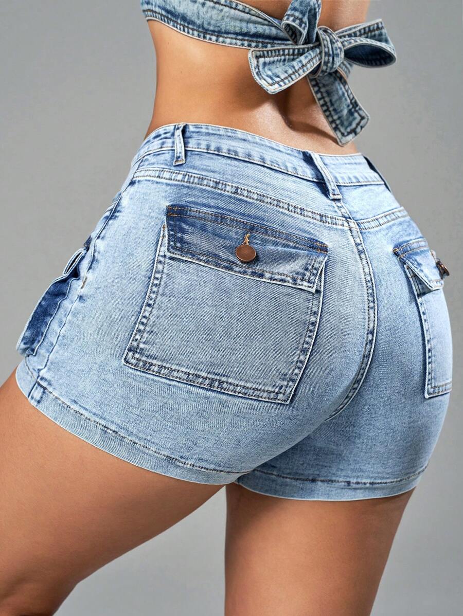 SHEIN SXY Shorts de Jeans Casual para Mulheres sem Estampas - Lavagem leve - Ver 1