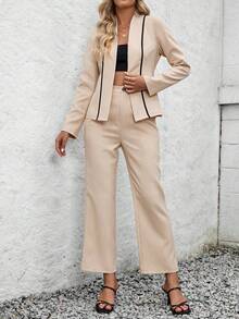 SHEIN Clasi Color Block Slim Fit Women's Suit Set With Long Sleeved Open Front Blazer And Pants - Apricot - View 5