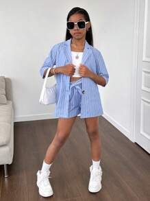 SHEIN Conjunto de blazer de manga corta a rayas y pantalones cortos para niñas preadolescentes para el trabajo - Azul - Ver 5