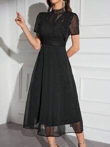 Modelyn Contrast Lace Ruffle Trim Mock Neck Dress - Black - View 6