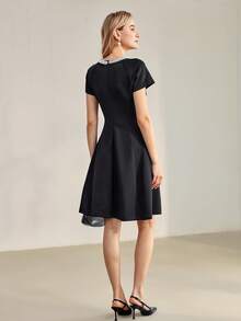 MOTF PREMIUM FAUX PEARL BEADED FOLD PLEATED FITTED WAIST DRESS - Black - View 7