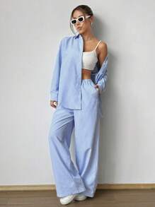 SHEIN Unity Conjunto casual de dos piezas con camisa de rayas sueltas y pantalones rectos - Azul - Ver 1