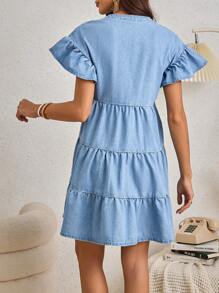 SHEIN LUNE Floral Embroidery Flounce Sleeve Ruffle Hem Denim Dress - Light Wash - View 2