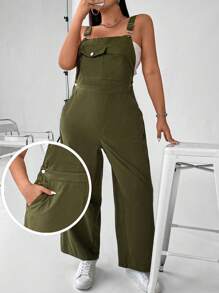 Flirla Mono holgado de talla grande de color liso con bolsillos - Verde militar - Ver 3