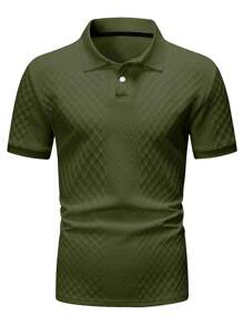 Manfinity Homme Men's Casual Daily Style, INS Matched With A Khaki Short-Sleeve Polo Shirt Featuring A Geometric Texture Jacquard Knit. With Buttoned Plackets, This Shirt Embodies Fashionable Styling And French Casual Romance. It Is Perfect For A Hawaiian Beach Vacation, As Well As Music Festivals And Everyday Outfits, Making It An Excellent Gift For Boyfriends Or Husbands. Suitable For Pairing In All Four Seasons, Especially Spring And Summer. Men's Premium Jacquard Pattern Polo Shirt, Ideal Gift For Boyfriend, Husband, Vacation/Party Wear - Army Green - View 3