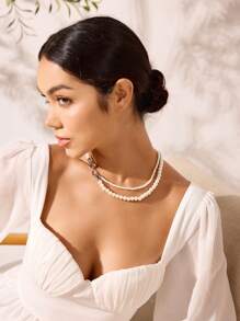 SHEIN Belle 時尚簡約的珠寶雙層項鍊 - 白色 - 查看 7