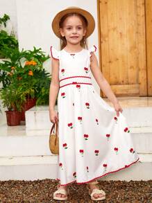 年輕女孩櫻桃印花荷葉邊夏日度假裙 - 白色 - 查看 4