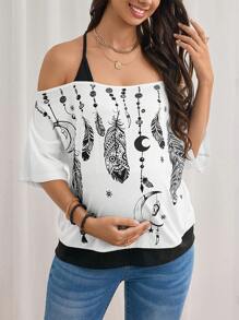 SHEIN Maternity Feather Print Cold Shoulder Tee - Black and White - View 4