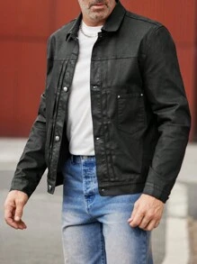 Manfinity Homme Men Solid Button Front Denim Jacket - Black - View 4