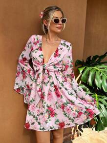SHEIN VCAY Wakacyjna damska krótka sukienka z kwiatowym nadrukiem i wiązaniem z przodu - Wielokolorowe - Zobacz 3