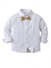 SHEIN 年輕男孩白色長袖襯衫搭配卡其色褲子正裝套裝 - 白色 - 查看 3