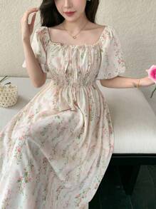 DAZY Váy ngắn tay họa tiết hoa mùa hè cho nữ, Đầm suông Milkmaid - Màu Hồng baby - Xem 6