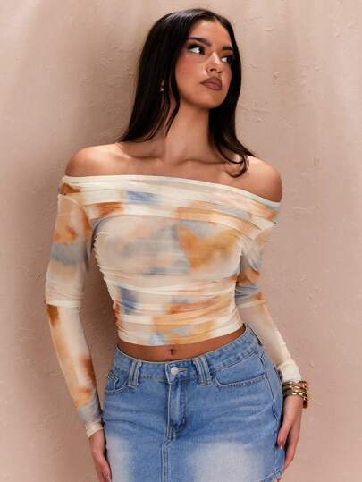 SHEIN BAE Stretch Mesh Knitted Graphic Print Off-Shoulder Fall Women Clothes Long Sleeve Top