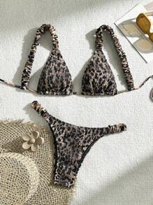 Swim Mod Women's Summer Beach Leopard Print Halter Sexy Bikini Set, Random Print - Multicolor - View 1