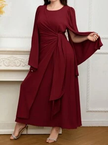 Modelyn 加上勃艮第红色长斗篷袖结侧阿拉伯朴素连衣裙 - 酒紅色 - 查看 4