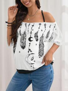 SHEIN Maternity Feather Print Cold Shoulder Tee - Black and White - View 5
