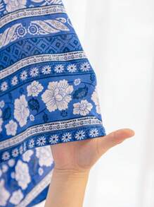 Soleia Resort Style Women's  Printed Off Shoulder Ruffle Hem Top And Wide Leg Long Pants Plus Size 2pcs/Set, Blue-White - Blue and White - View 9
