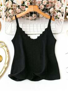 SHEIN Clasi Plus Size Women's Fashionable Solid Color Asymmetrical Neckline Knit Top - Black - View 1