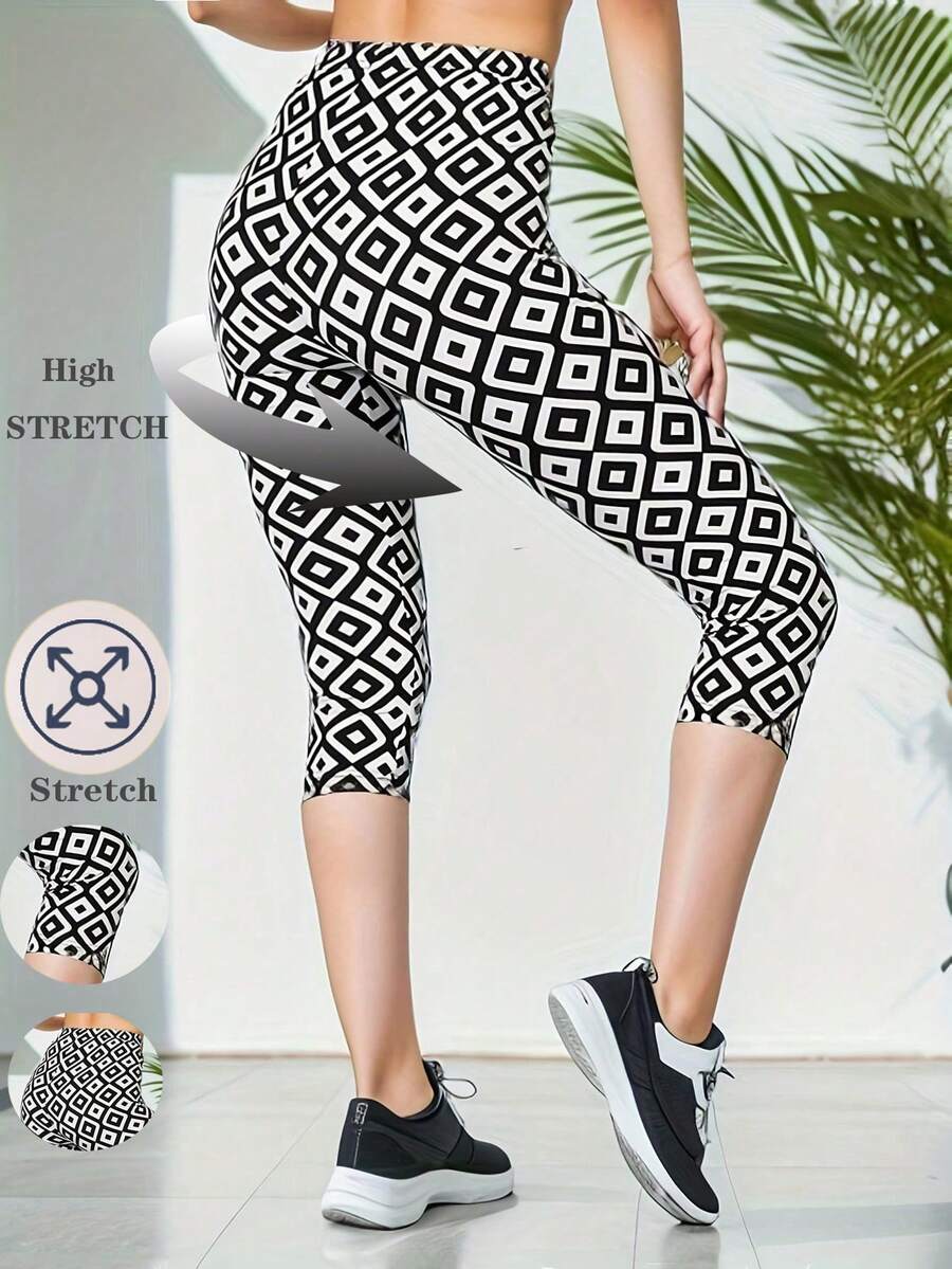 Leggings Mit Vollständigem Druck, Elastischem Bund Und Sieben Punkten - Schwarz - Übersicht 1