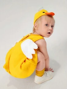 SHEIN 2 件装男婴可爱毛绒鸭子角色扮演服装套装，休闲 - 黃色 - 查看 6