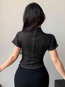 DAZY Solid Mock Neck Raglan Sleeve Denim Top Summer - Black - View 5