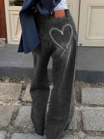 高腰愛心印花女士細身牛仔褲，修身