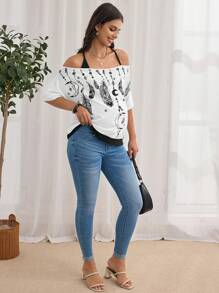 SHEIN Maternity Feather Print Cold Shoulder Tee - Black and White - View 3