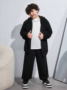 SHEIN Tween Boys' Extended Size Plush Hooded Jacket, Long Sleeve T-Shirt And Joggers 3pcs/Set For Casual And Outdoor Occasions - Black - View 5