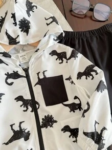 SHEIN 寶寶男/女春/夏/秋季卡通恐龍印花黑白色帽T外套搭實色長褲2件套，適合戶外旅行 - 黑與白 - 查看 5