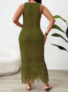 SHEIN Clasi 纹理拼布镂空大码毛衣连衣裙 - 軍綠色 - 查看 2