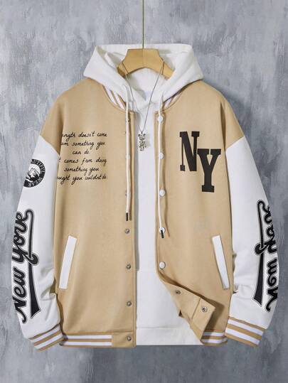 SHEIN Teen Boy Casual Slogan Graphic Striped Trim Drop Shoulder Varsity Jacket Without Hoodie