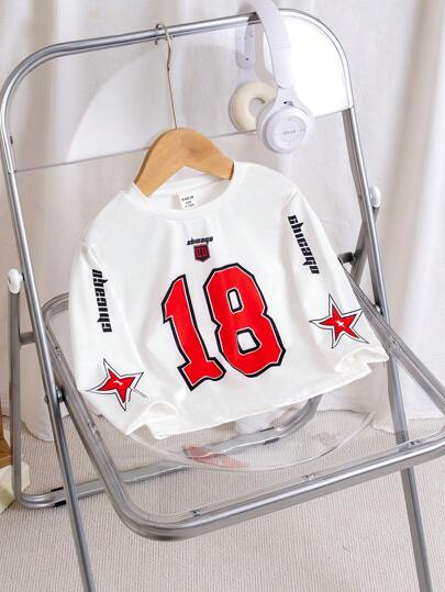 SHEIN Baby Boy Casual Daily American Sport Street Style Number Print Round Neck Long Sleeve Top