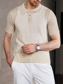 Manfinity Homme Camisa de polo hueca de verano para hombre de manga corta con cuello y tejer de unicolor casual - Albaricoque - Ver 3