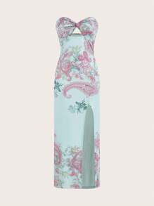 Aloruh Elegant Slim Fit High Slit Paisley Print Dress For Vacation Date In All Four Seasons - Multicolor - View 1